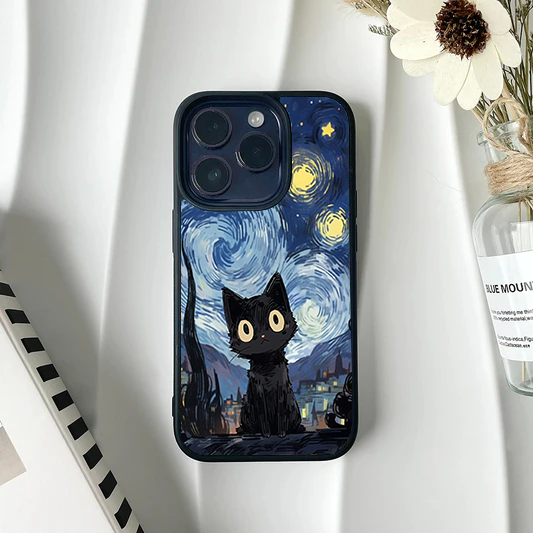 Cute black cat with large yellow eyes sitting against a Van Gogh Starry Night background on a phone case.