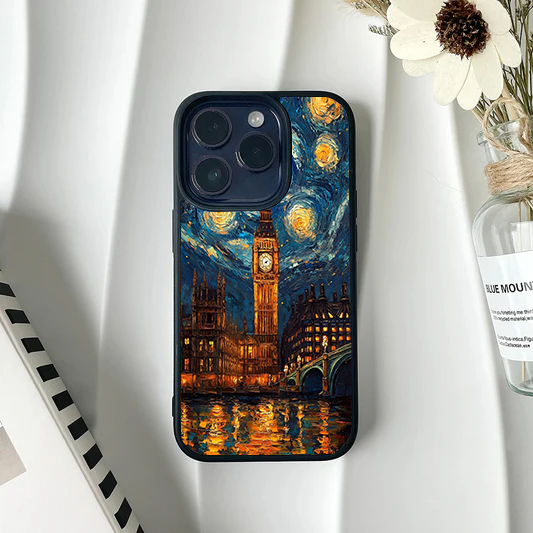Phone case displaying London's Big Ben and Parliament building painted in an impressionist Starry Night art style.