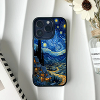 Impressionist style painting of a glowing mountain village and winding road under a starry night sky on a phone case.