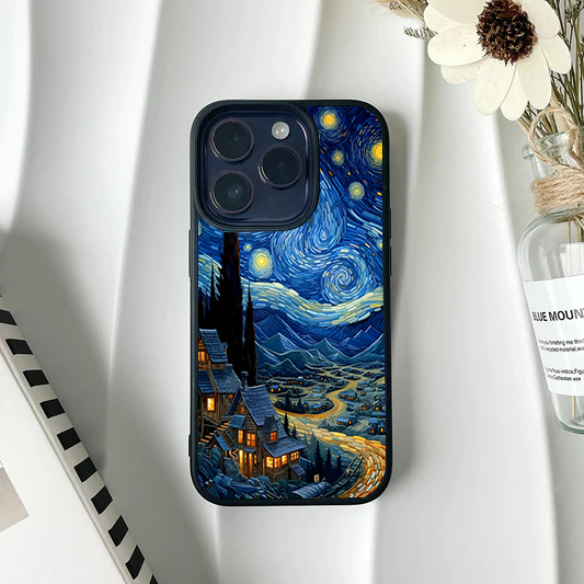 Impressionist style painting of a glowing mountain village and winding road under a starry night sky on a phone case.