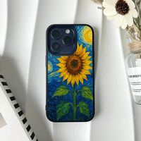 Phone case featuring a single, large yellow sunflower painted against a swirling blue starry night background.