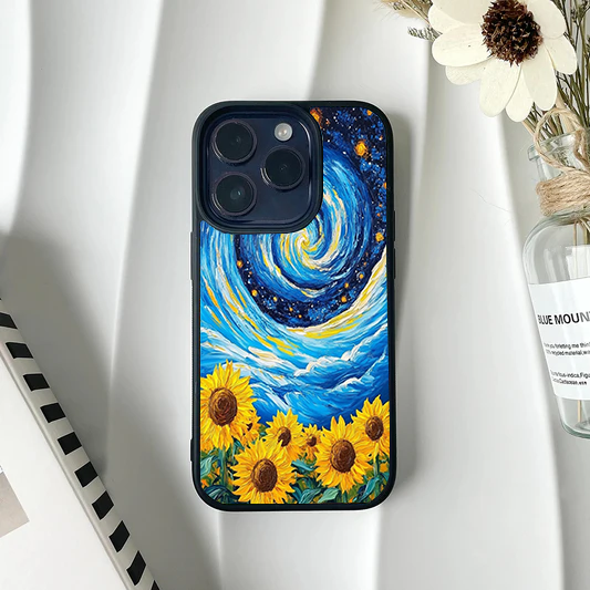 Phone case featuring a vibrant field of yellow sunflowers at the bottom and a swirling blue Starry Night sky at the top.