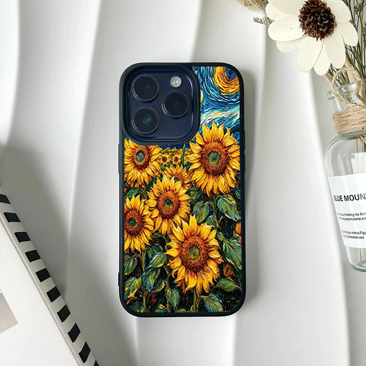 Phone case covered in a textured, impressionist painting of multiple bright yellow sunflowers.