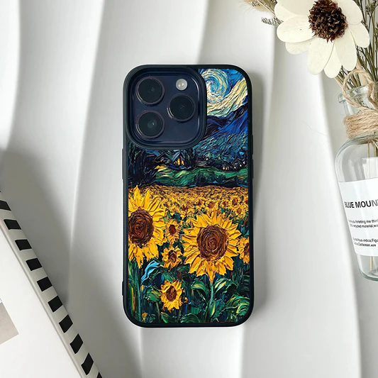 Phone case showing a thick brushstroke painting of a golden sunflower field under a blue starry sky.