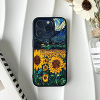 Phone case showing a thick brushstroke painting of a golden sunflower field under a blue starry sky.