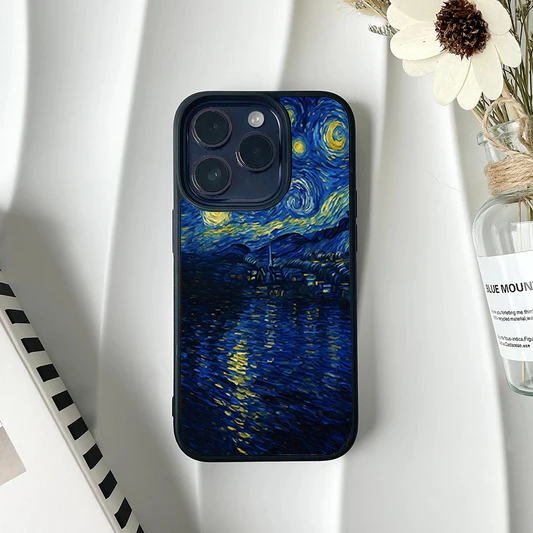 Phone case featuring Van Gogh's Starry Night Over the Rhone painting with yellow lights reflecting on dark blue water.