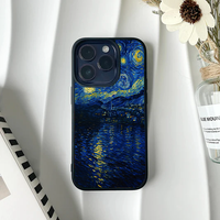 Phone case featuring Van Gogh's Starry Night Over the Rhone painting with yellow lights reflecting on dark blue water.