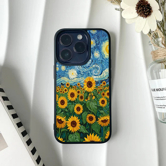 Phone case displaying a field of tall green sunflowers with bright yellow petals under a swirling blue starry night sky.