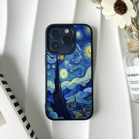 Detailed phone case showing Van Gogh's Starry Night with a prominent dark cypress tree and glowing yellow moon.