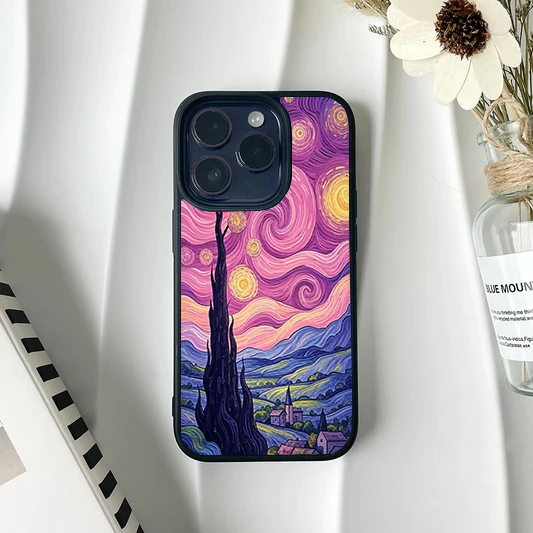 Phone case displaying a Starry Night landscape with a twilight sky painted in shades of purple, pink, and pastel yellow.