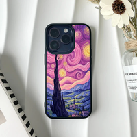Phone case displaying a Starry Night landscape with a twilight sky painted in shades of purple, pink, and pastel yellow.