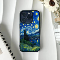 Phone case featuring a lush green hillside with yellow wildflowers leading down to a village under a blue starry sky.