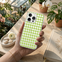 Dark Green Gingham Aesthetic Phone Case with Floral Beaded Charm