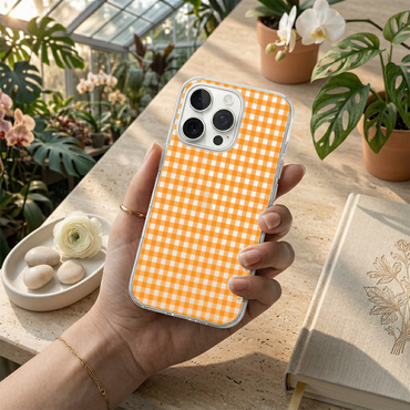 Orange Gingham Aesthetic Phone Case with Floral Beaded Charm