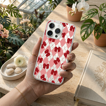 Pink Argyle & Red Bow Clear Phone Case with Beaded Charm