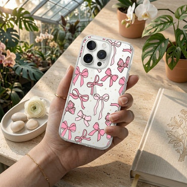 Pastel Pink Ribbon Bow Clear Phone Case with Pearl Strap