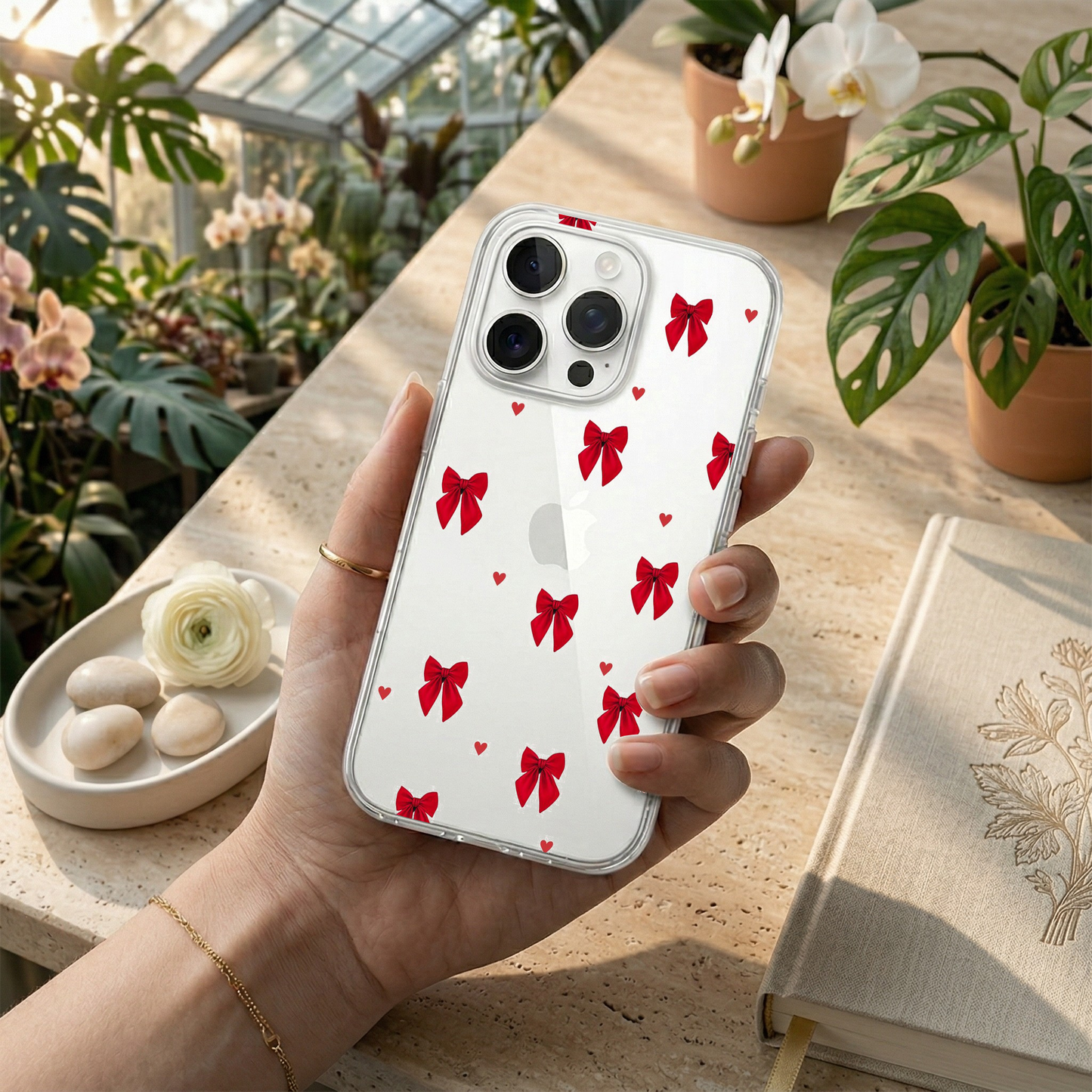 Classic Red Bow & Heart Clear Phone Case with Beaded Charm
