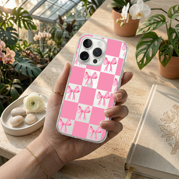 Pink Checkerboard & Bow Clear Phone Case with Pearl Strap