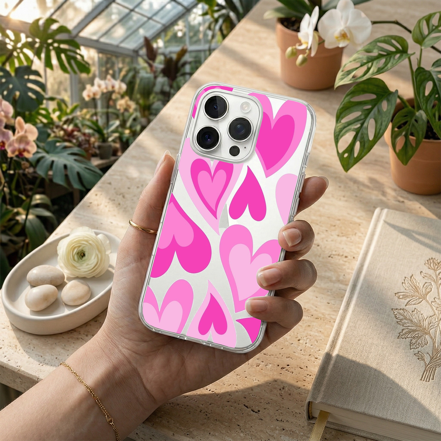 Y2K Pink Layered Heart Phone Case with Pearl Bow Charm
