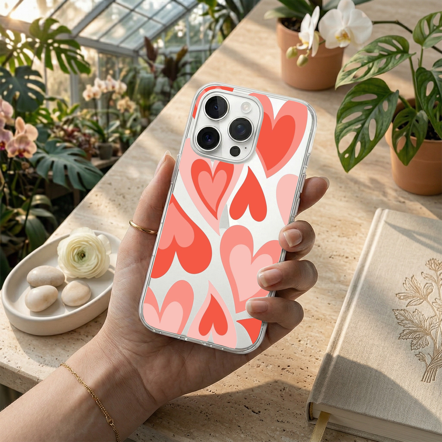 Peachy Retro Layered Heart Phone Case with Beaded Charm