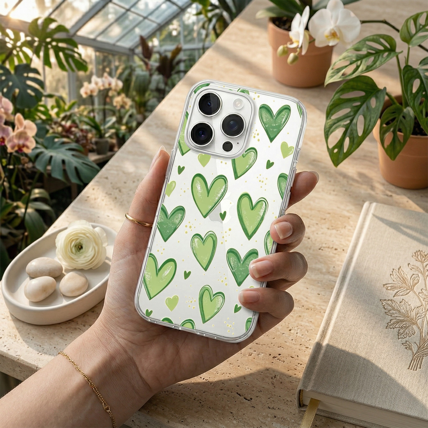 Matcha Love Hand-Drawn Heart Phone Case with Beaded Charm