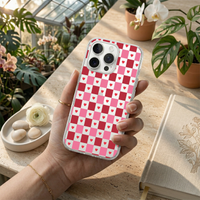 Retro Heart Checkerboard Phone Case with Beaded Charm