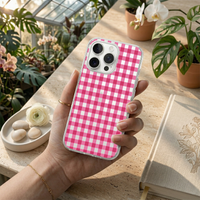 Pink Gingham Coquette Phone Case with Pearl Bow Charm