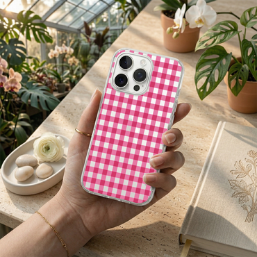Pink Gingham Coquette Phone Case with Pearl Bow Charm