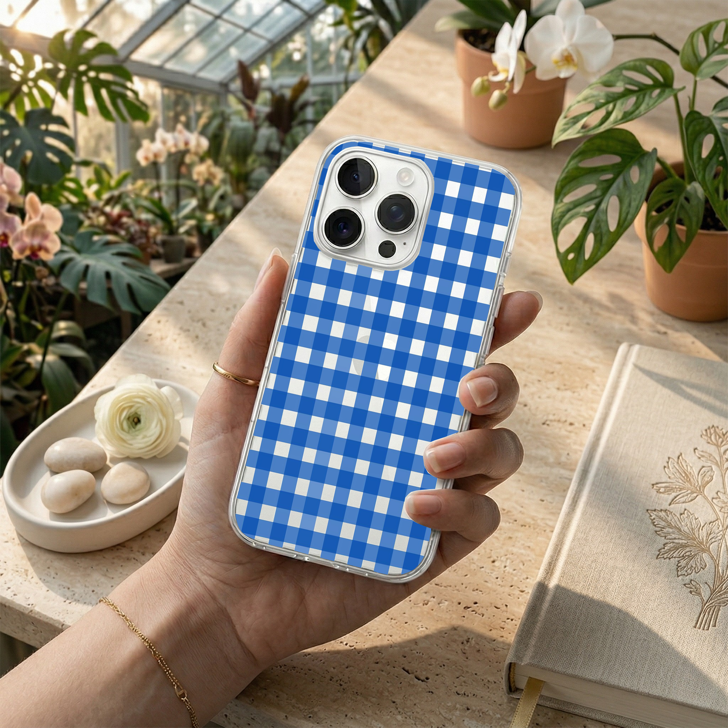 Blue Gingham Coquette Phone Case with Pearl Bow Charm