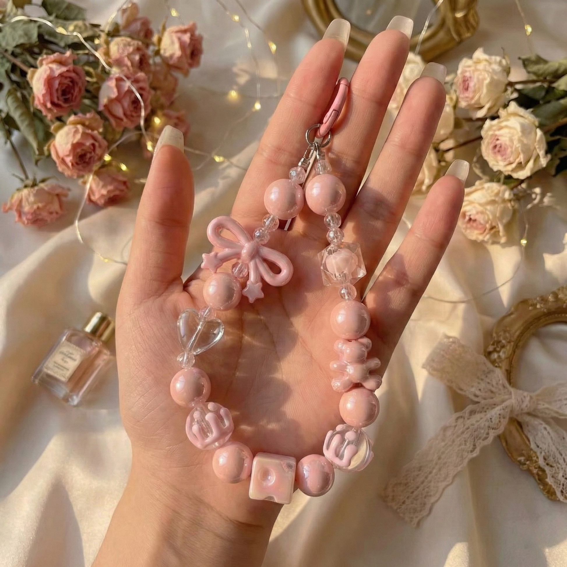 A hand displaying a soft pink beaded phone lanyard featuring iridescent pearl beads, a pink bow charm, and clear heart shapes with a romantic floral background.