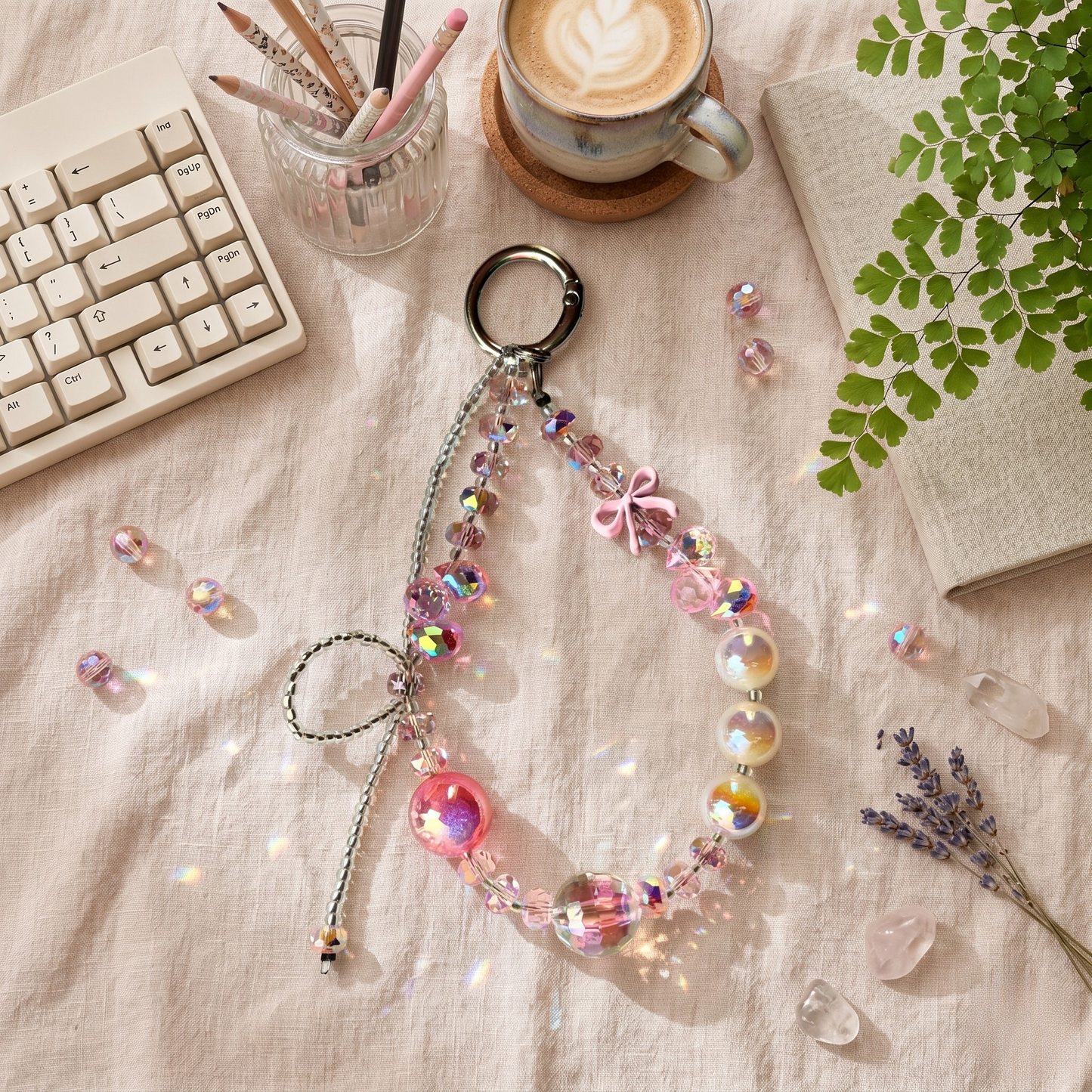 Beaded phone charm with iridescent crystals, a large pink pearl, and a silver beaded bow lying flat on a textured linen surface.