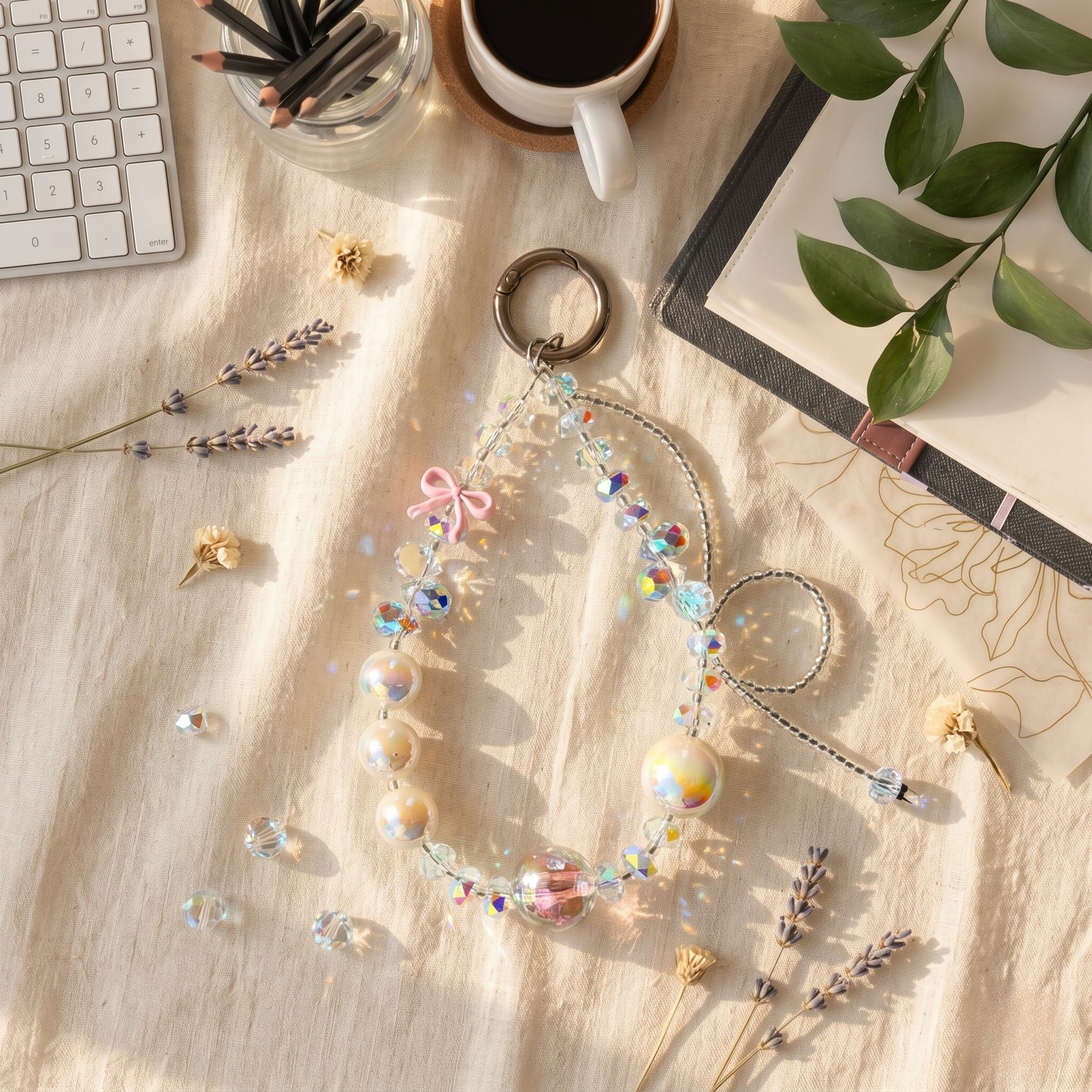 Aesthetic phone charm featuring large iridescent white pearls, faceted holographic crystals, and a small pink bow accent on a linen cloth.