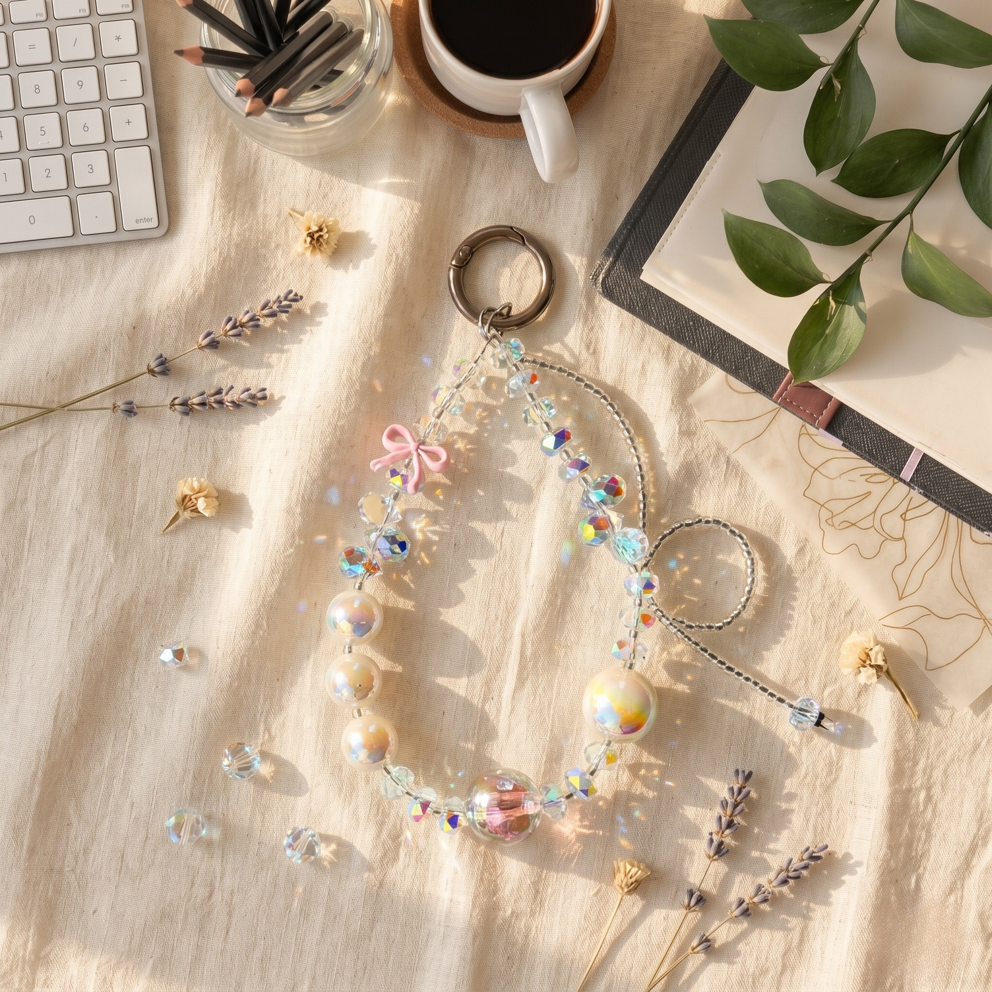 Aesthetic phone charm featuring large iridescent white pearls, faceted holographic crystals, and a small pink bow accent on a linen cloth.